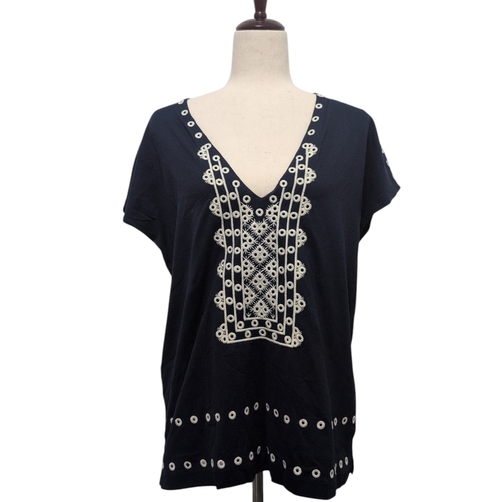 J. Crew Navy Blue Embroidered Eyelet V-Neck Cotton Top Blouse‎ Womens Size M